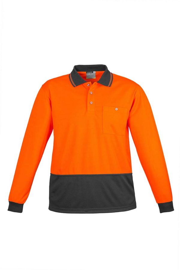 Unisex Hi Vis Basic Spliced Polo - Long Sleeve - Orange/Charcoal