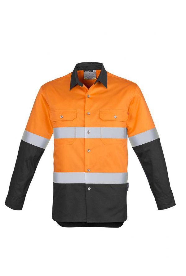 Mens Hi Vis Spliced Industrial Shirt - Hoop Taped - Orange/Charcoal