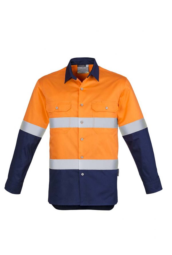 Mens Hi Vis Spliced Industrial Shirt - Hoop Taped - Orange/Navy