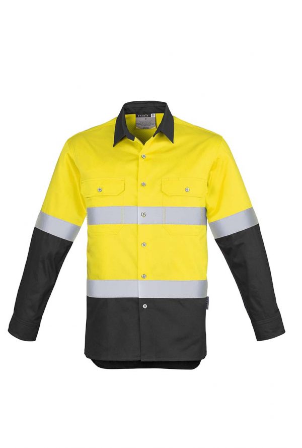 Mens Hi Vis Spliced Industrial Shirt - Hoop Taped - Yellow/Charcoal
