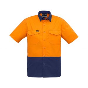 Mens Rugged Cooling Hi Vis Spliced S/S Shirt - Orange/Navy