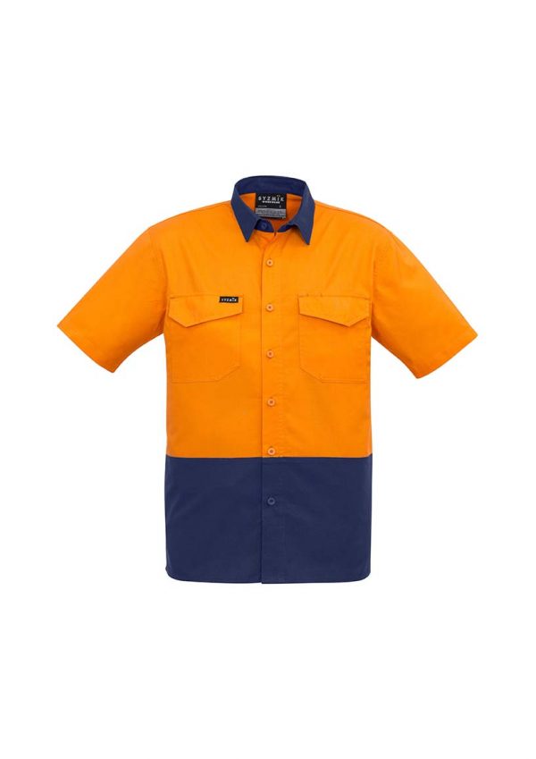 Mens Rugged Cooling Hi Vis Spliced S/S Shirt - Orange/Navy