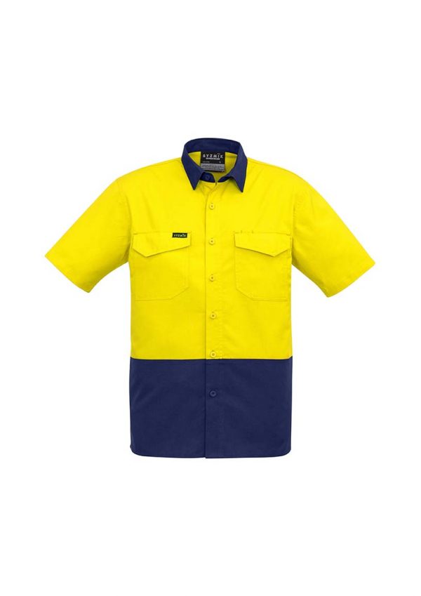 Mens Rugged Cooling Hi Vis Spliced S/S Shirt - Yellow/Navy