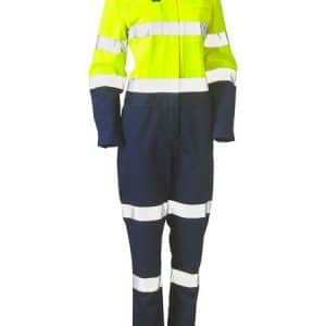 Ladies Taped Hi Vis Cotton Drill Coverall - BCL6066T - Yellow/Navy
