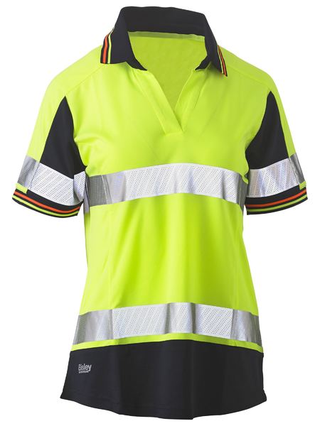 Ladies Short Sleeve Taped Two Tone Hi Vis V-Neck Polo - BKL1225T - Yellow/Navy