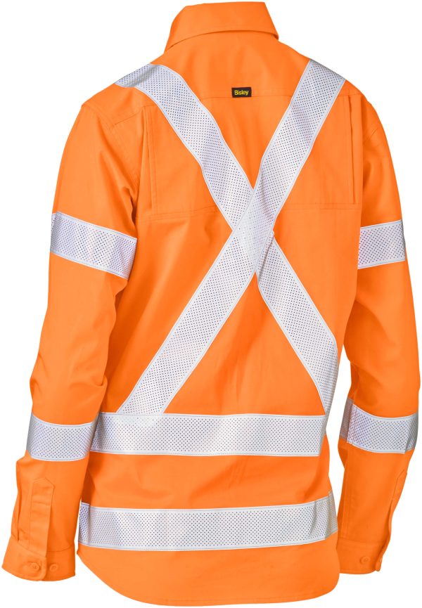 ladies hi vis, open front, long sleeve, taped x back, vented, rail orange shirt. 100% cotton. 155gsm. lightweight bl6166xt