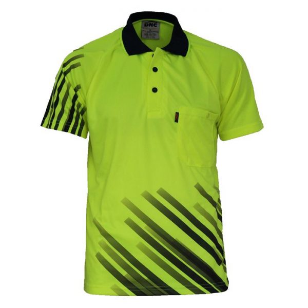Mens Hi Vis Stripe Sublimated Polo(One Sleeve) 100% Polyester. 175gsm - 3565 - Yellow/Navy