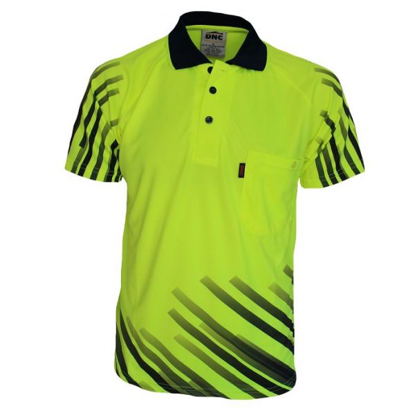 Mens Hi Vis Stripe Sublimated Polo( Both Sleeves) 100% Polyester. 175gsm - 3566 - Yellow/Navy