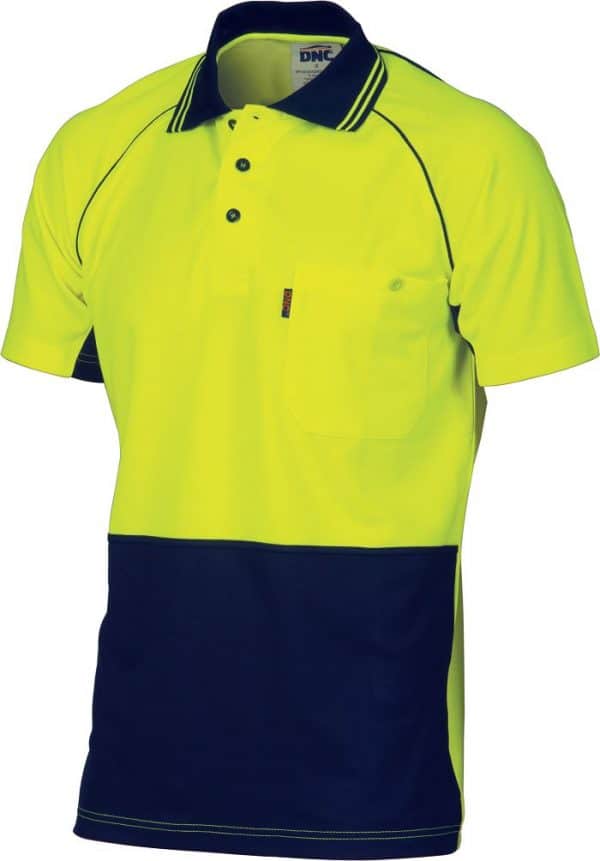 Mens Hi Vis Short Sleeve Two Tone Polo. Cotton Backed Polyester. 185gsm - 3719 - Yellow/Navy