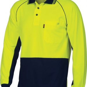 Mens Hi Vis Long Sleeve Two Tone Polo. Cotton Backed Polyester. 185gsm - 3720 - Yellow/Navy