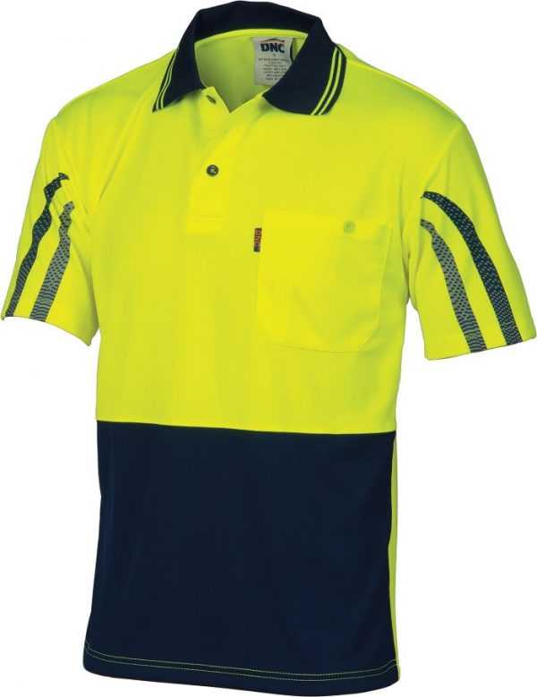 Mens Hi Vis Cool-Breathe Printed Stripe Polo. 100% Polyester. 175gsm - 3752 - Yellow/Navy