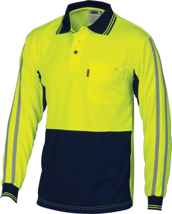 Mens Hi Vis Long Sleeve Cool-Breathe Stripe Polo. 100% Polyester. 175gsm - 3756 - Yellow/Navy