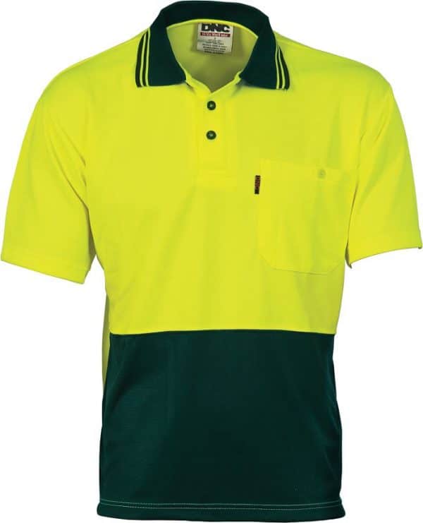 Mens BASIC Hi Vis Short Sleeve Two Tone  Polo Shirt. 100% Polyester. 175gsm - 3811 - Yellow/Bottle Green