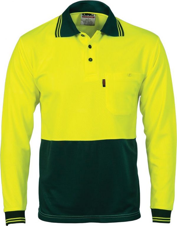 Mens BASIC Hi Vis Long Sleeve Two Tone  Polo Shirt. 100% Polyester. 175gsm - 3813 - Yellow/Bottle Green