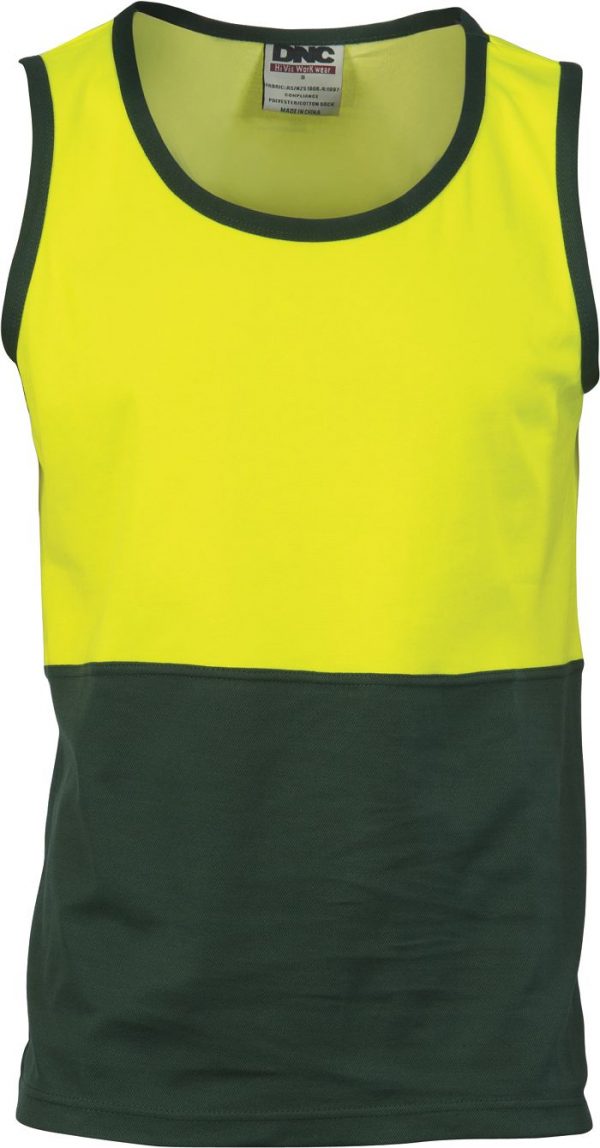 Mens Hi Vis Two Tone Singlet. Cotton Back Polyester. 185gsm- 3841 - Yellow/Bottle Green