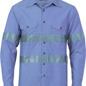 Mens Long Sleeve 3M Taped Chambray Shirt. 100% Cotton. 155gsm. Light Weight - 3889 - Chambray