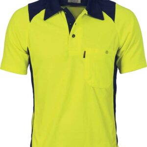 Mens Hi Vis Short Sleeve Cool Breathe Action Polo Shirt. 100% Polyester. 175gsm - 3893 - Yellow/Navy