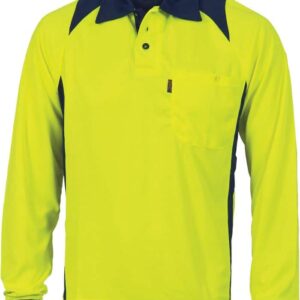 Mens Hi Vis Long Sleeve Cool Breathe Action Polo Shirt. 100% Polyester. 175gsm - 3894 - Yellow/Navy