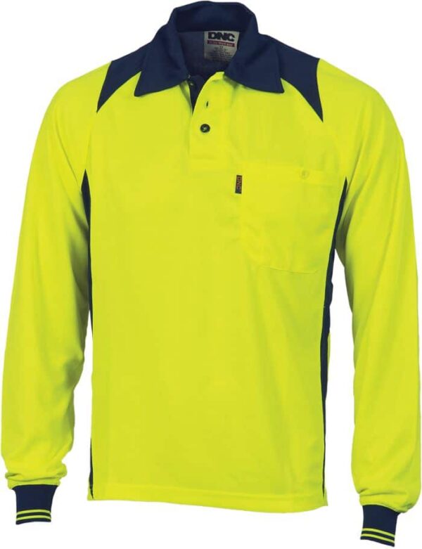 Mens Hi Vis Long Sleeve Cool Breathe Action Polo Shirt. 100% Polyester. 175gsm - 3894 - Yellow/Navy