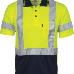 Mens Hi Vis Short Sleeve X Back Taped Cool Breathe Polo Shirt. 100% Polyester. 175gsm - 3912 - Yellow/Navy