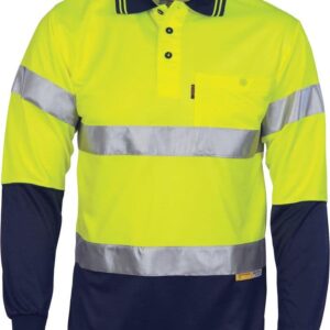 Mens Hi Vis Long Sleeve 3M Taped Cool Breathe Polo Shirt. 100% Polyester. 175gsm - 3913 - Yellow/Navy