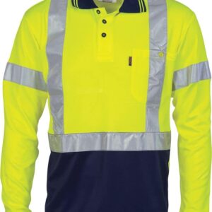 Mens Hi Vis Short Sleeve X Back Taped Cool Breathe Polo Shirt. 100% Polyester. 175gsm - 3914 - Yellow/Navy