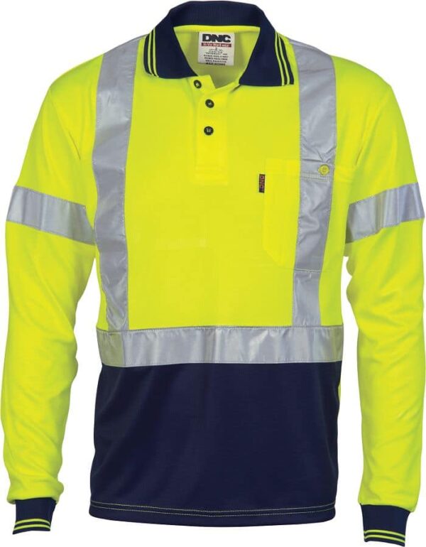 Mens Hi Vis Short Sleeve X Back Taped Cool Breathe Polo Shirt. 100% Polyester. 175gsm - 3914 - Yellow/Navy
