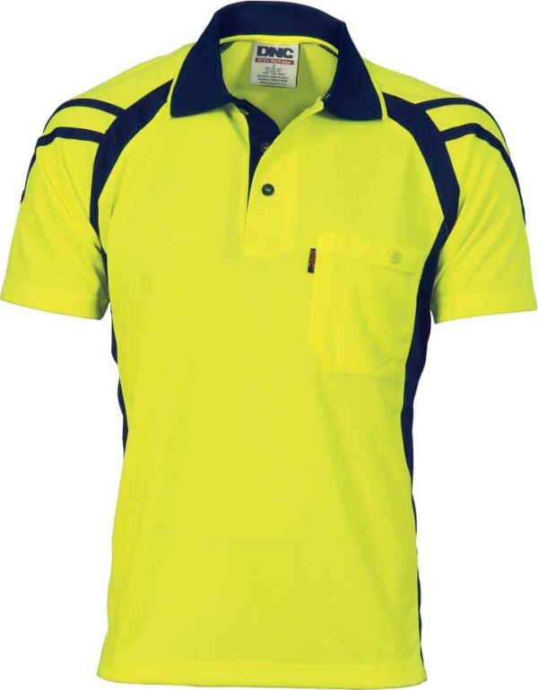 Mens Cool Breathe Stripe Panel Polo Shirt. 100% Polyester. 175gsm - 3979 - Yellow/Navy