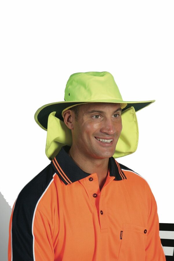 Hi Vis 100% Polyester Wide Brim Hat with Flap - H055 - Orange