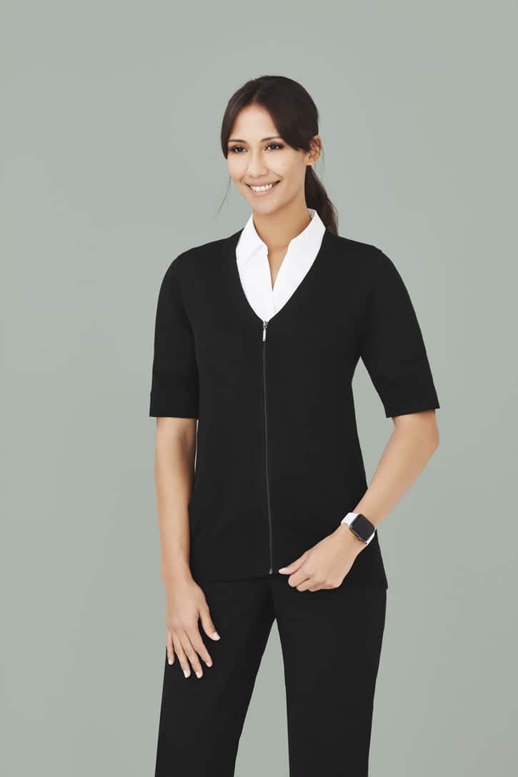 Ladies Short Sleeve Zip Front Cardigan - Black