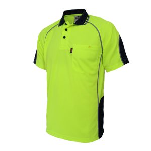 Mens Hi Vis Semicircle-Piping Polo. 100% Polyester. 175gsm - 3569 - Orange/Navy