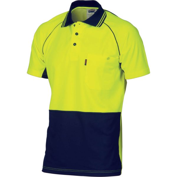 Mens Hi Vis Short Sleeve Two Tone Polo. Cotton Backed Polyester. 185gsm - 3719 - Yellow/Navy