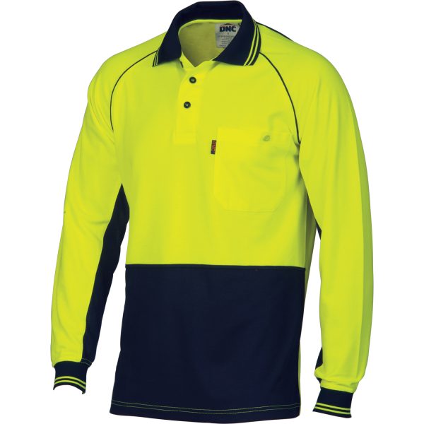 Mens Hi Vis Long Sleeve Two Tone Polo. Cotton Backed Polyester. 185gsm - 3720 - Yellow/Navy