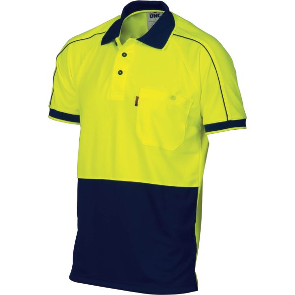 Mens Hi Vis Cool-Breathe Double Piping Polo. 100% Polyester. 175gsm - 3753 - Orange/Navy