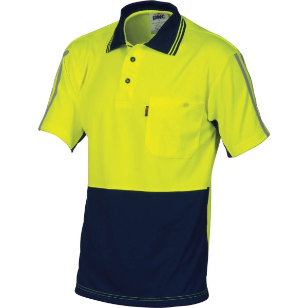 3755 Mens Hi Vis Short Sleeve Cool-Breathe Stripe Polo. 100% Polyester. 175gsm - 3755 - Yellow/Navy