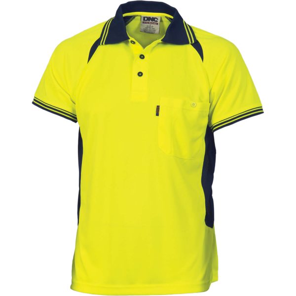 Unisex Short Sleeve Cool-Breeze Contrast Mesh Polo. 100% Polyester. 175gsm - 3901 - Yellow/Navy