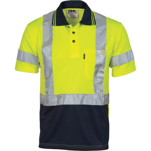 Mens Hi Vis Short Sleeve X Back Taped Cool Breathe Polo Shirt. 100% Polyester. 175gsm - 3912 - Orange/Navy