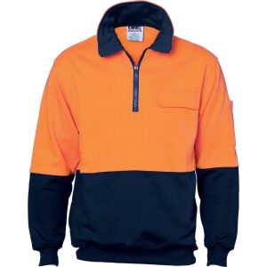 Hi Vis Two Tone 1/2 Zip 100% Cotton Jumper - 3923 - Orange/Navy