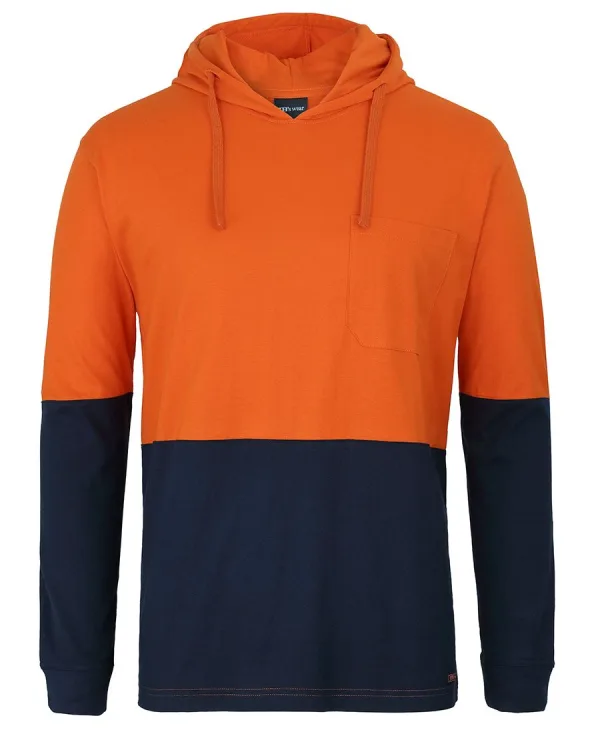 Mens Hi Vis Long Sleeve Cotton Tee With Hood