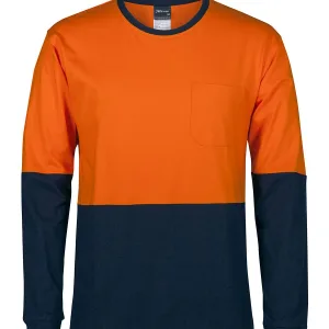 Mens Hi Vis Long Sleeve Crew Neck Cotton T-Shirt