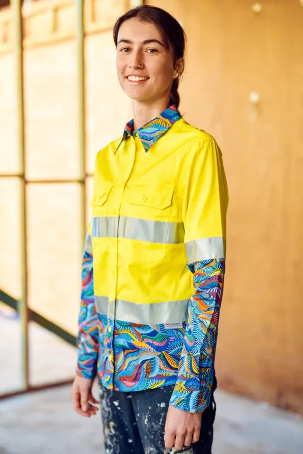 Ladies Snazzy Yellow Day/Night Hi Vis 2.0 Full Button Long Sleeve Work Shirt. 100% Cotton. 150gsm - 21650 - Image 2