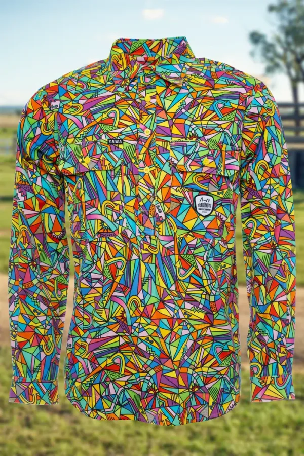 Mens Bonza Long Sleeve Full Print Half Button Workshirt. 100% Cotton. 150gsm - 21500 - Image 3