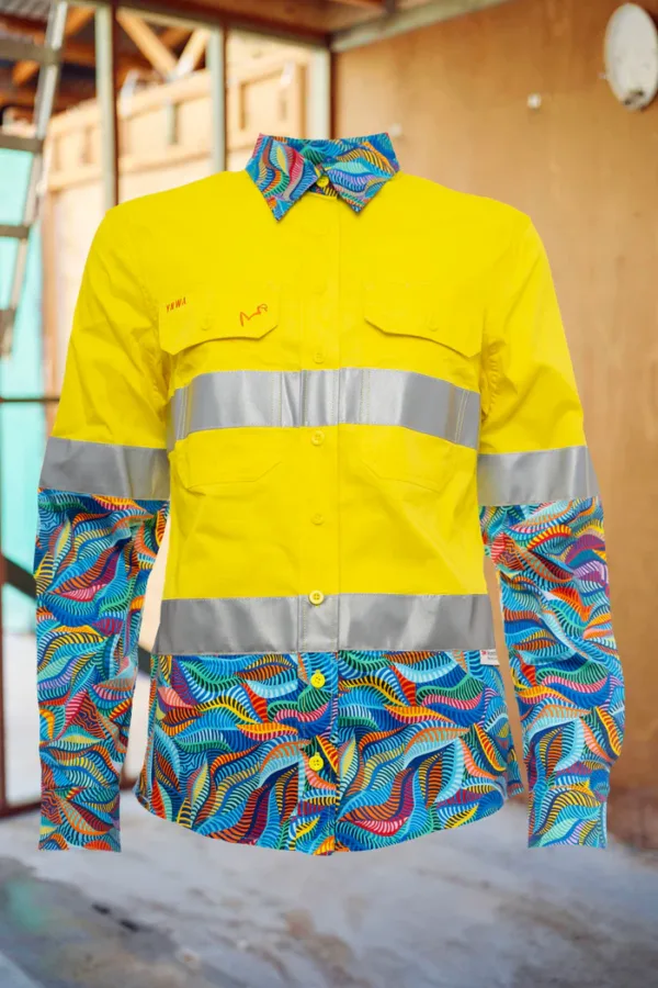 Ladies Snazzy Yellow Day/Night Hi Vis 2.0 Full Button Long Sleeve Work Shirt. 100% Cotton. 150gsm - 21650 - Image 3