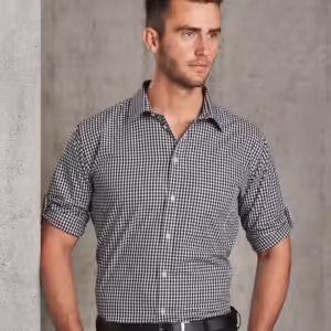 Men’s Gingham Check Long Sleeve Shirt with Roll-up Tab Sleeve. 60% Cotton - M7300L