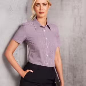 Ladies’ Two Tone Mini Gingham Short Sleeve Shirt. 60% Cotton - M8340S